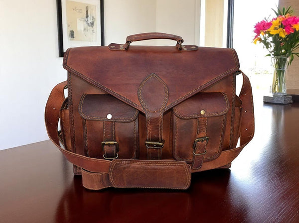 Genuine Leather Messenger Laptop Bag for Men | Handmade Briefcase Shoulder Bag by HANA EXPORTS