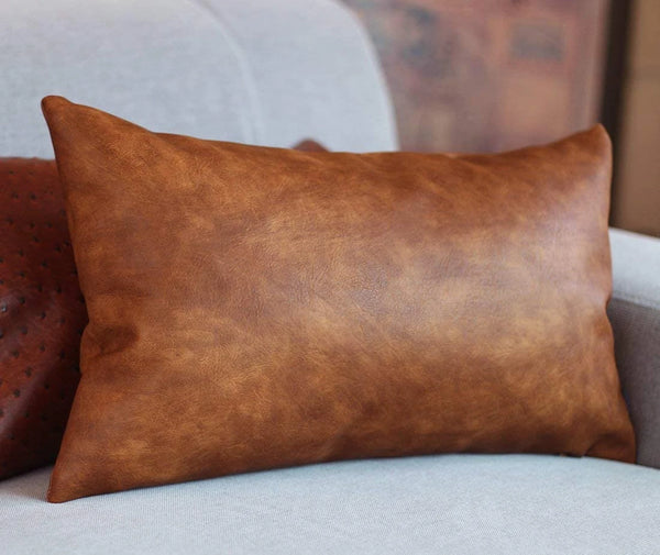 Brown Leather Lumbar Pillow Cover Leather Decorative Throw Pillow - Hana Exports
