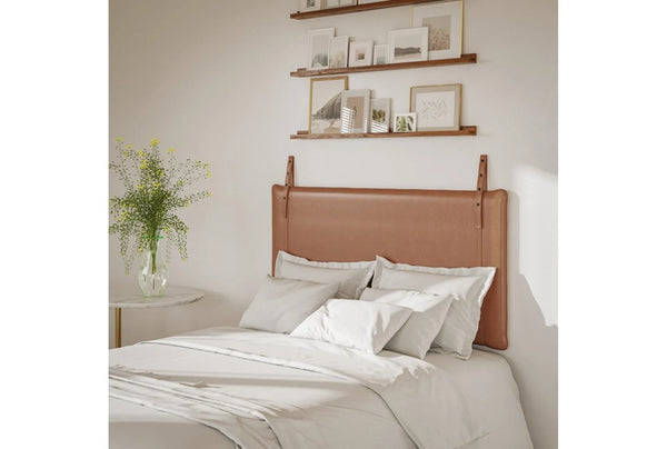 Customized Real Leather Honey Gold Headboard Cushion with Leather Straps -King, Cal King, Queen, Double, Single - Hana Exports