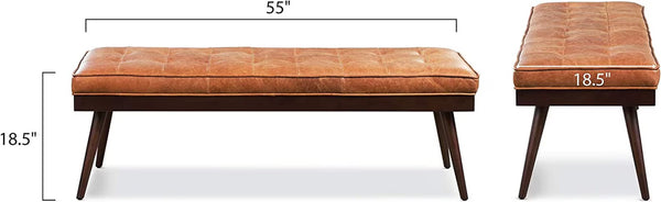 Wooden Bench with Full Grain Leather Upholstered Cushion - Hana Exports