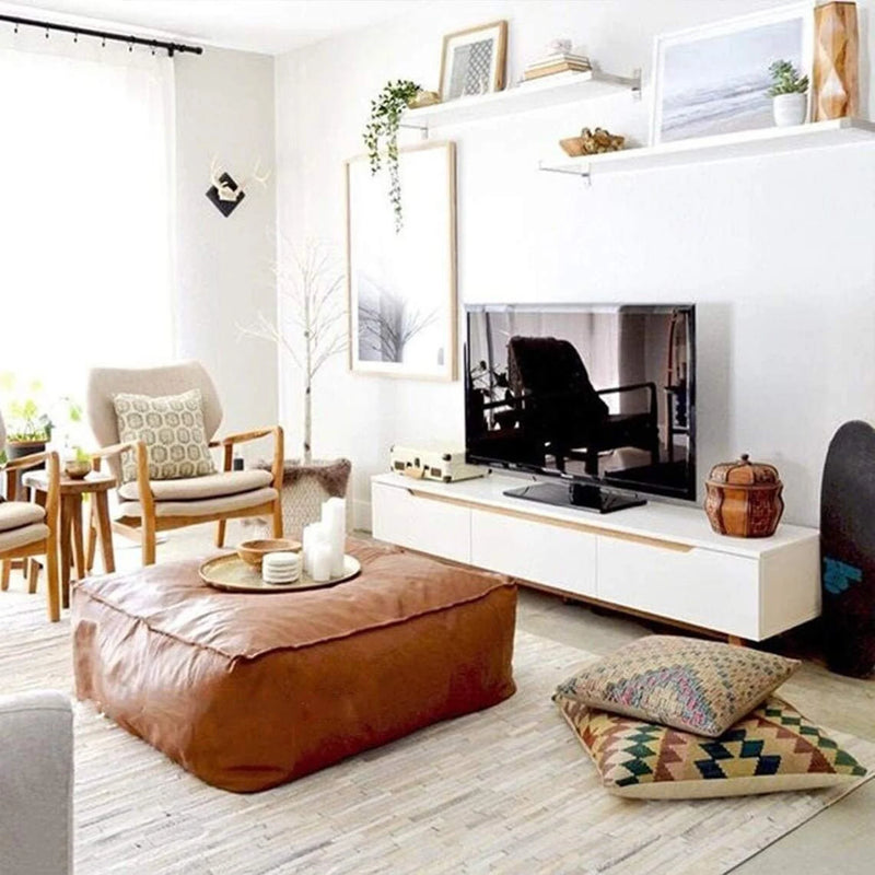 Large Square Leather Cover Pouf Handmade Cow Leather Poufs Living Room Pouf - Hana Exports