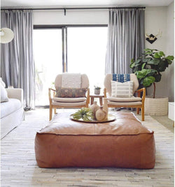 Large Square Leather Cover Pouf Handmade Cow Leather Poufs Living Room Pouf. - Hana Exports