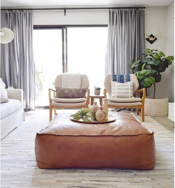 Large Square Leather Cover Pouf Handmade Cow Leather Poufs Living Room Pouf - Hana Exports