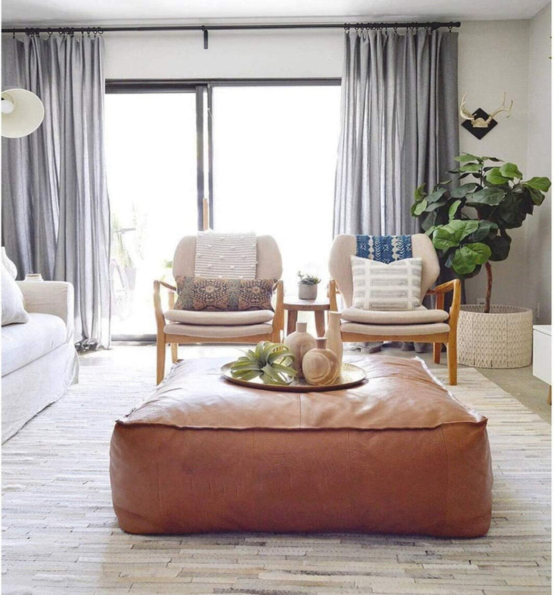 Large Square Leather Cover Pouf Handmade Cow Leather Poufs Living Room Pouf. - Hana Exports