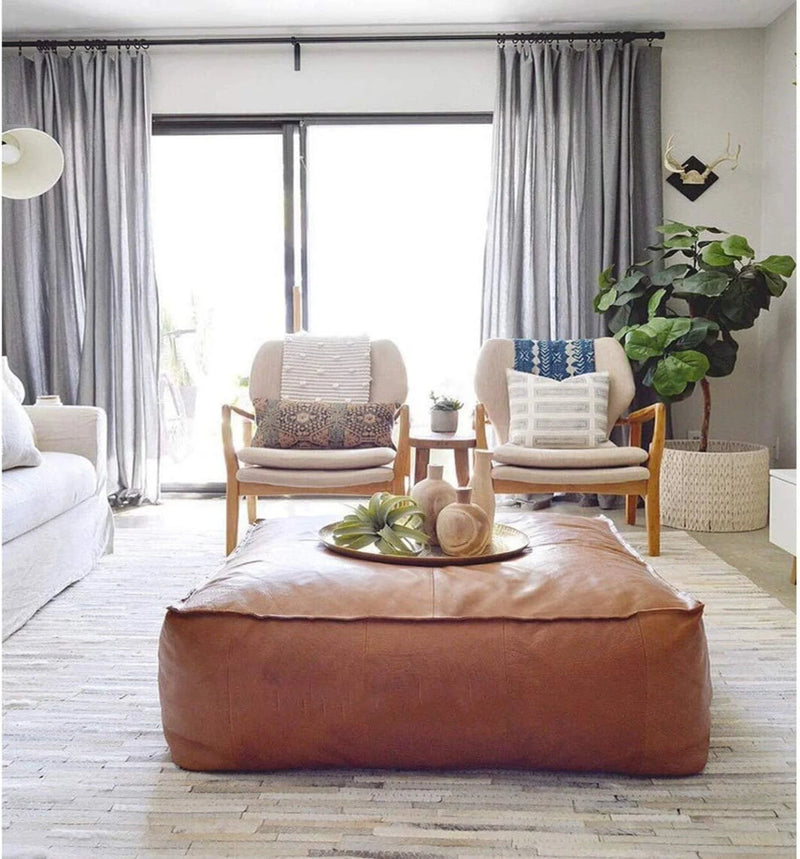 Large Square Leather Cover Pouf Handmade Cow Leather Poufs Living Room Pouf - Hana Exports