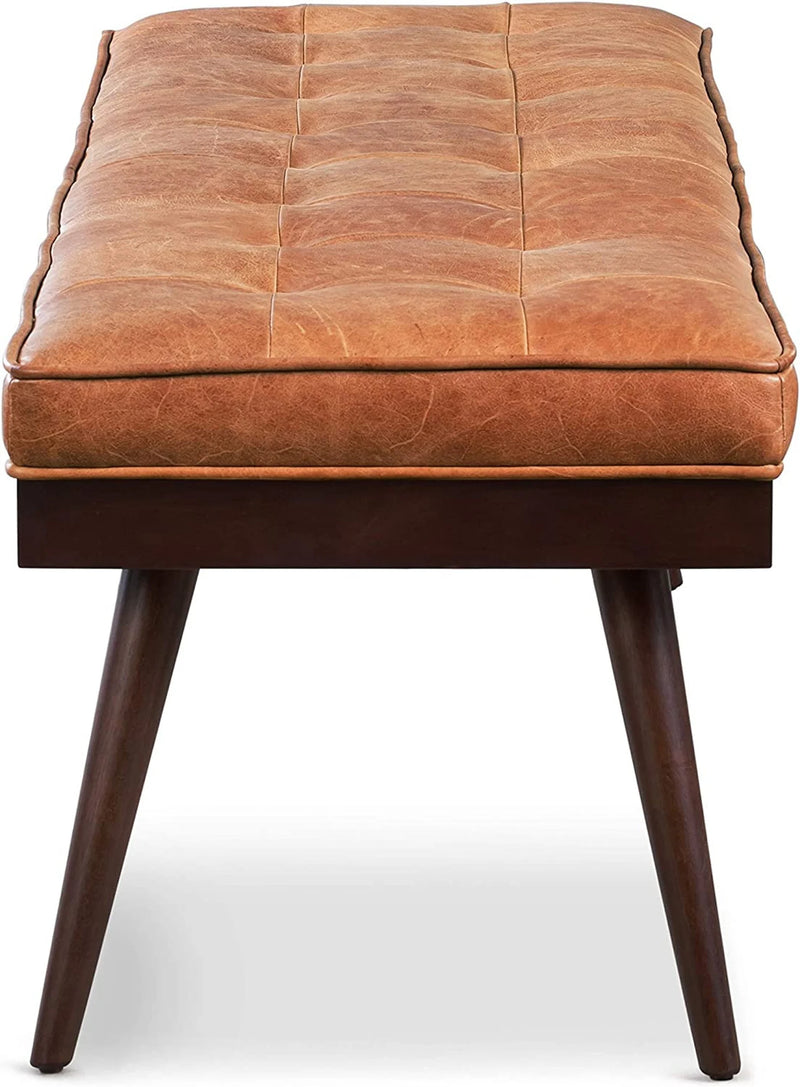 Wooden Bench with Full Grain Leather Upholstered Cushion - Hana Exports