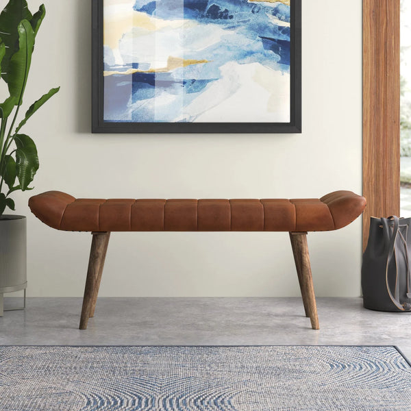 Bench with Full Grain Leather Upholstered Cushion - Hana Exports