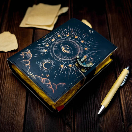 Galaxy Eye Embossed Leather Journal – Handmade Vintage Spellbook with Cotton Deckle Paper – Wiccan Grimoire by HANA EXPORTS
