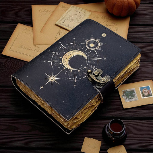 Sun & Moon Embossed Leather Journal – Handmade Vintage Notebook with Wrap Closure by HANA EXPORTS