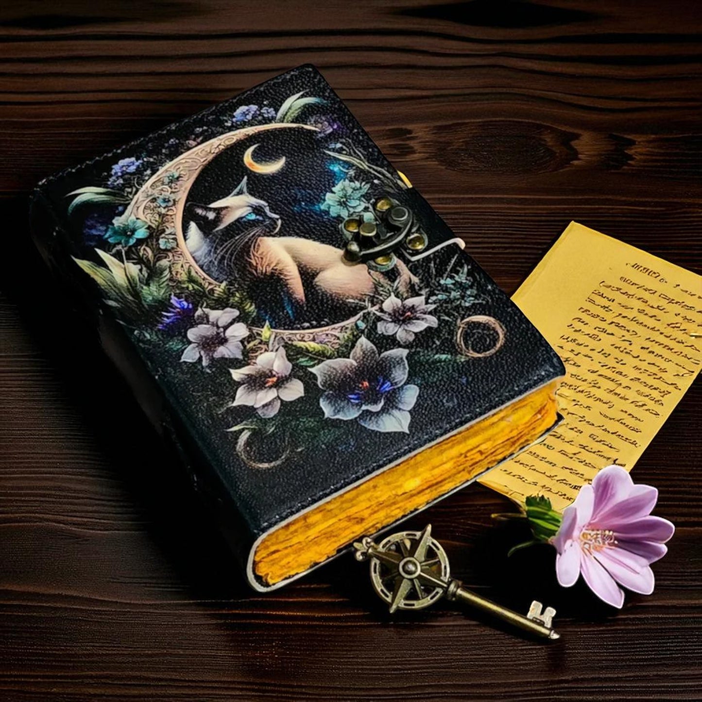 Book of Shadows Leather Spellbook | Witchcraft Journal Spells & Cat Cover | Wiccan Grimoire