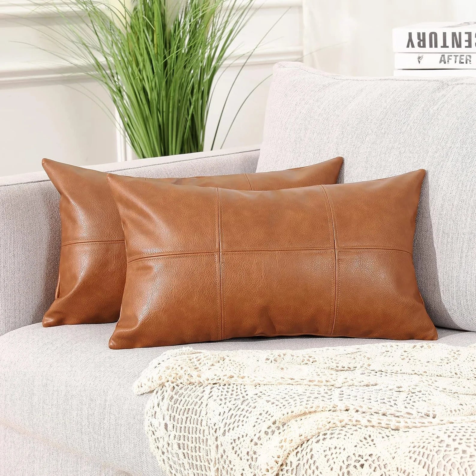 Rustic Brown Lambskin Leather Throw Pillow 14 x 14 Inches Set Of