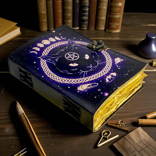 Celtic Cat Leather Grimoire Journal – Handmade Book of Shadows with Deckle Paper & C-Lock