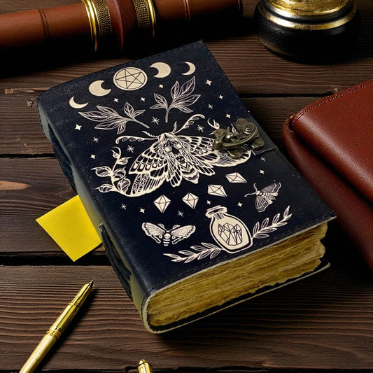 Luna Moth Leather Journal – Handmade Spellbook with Chakra Stones & Deckle Paper