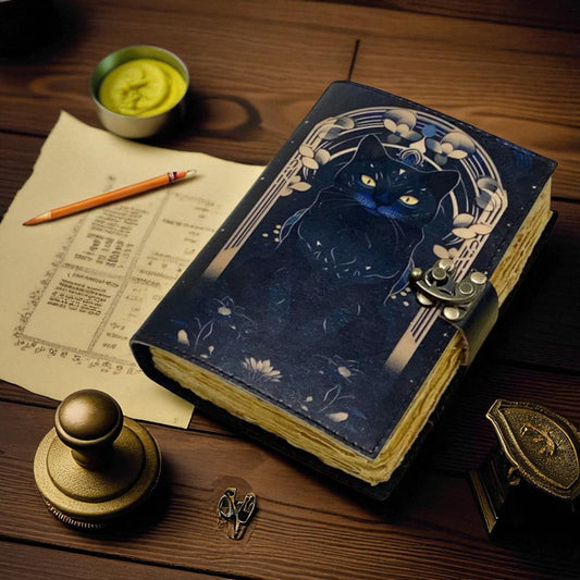 Vintage Leather Journal with Antique Deckle Paper – Handmade Wiccan Notebook with Lock