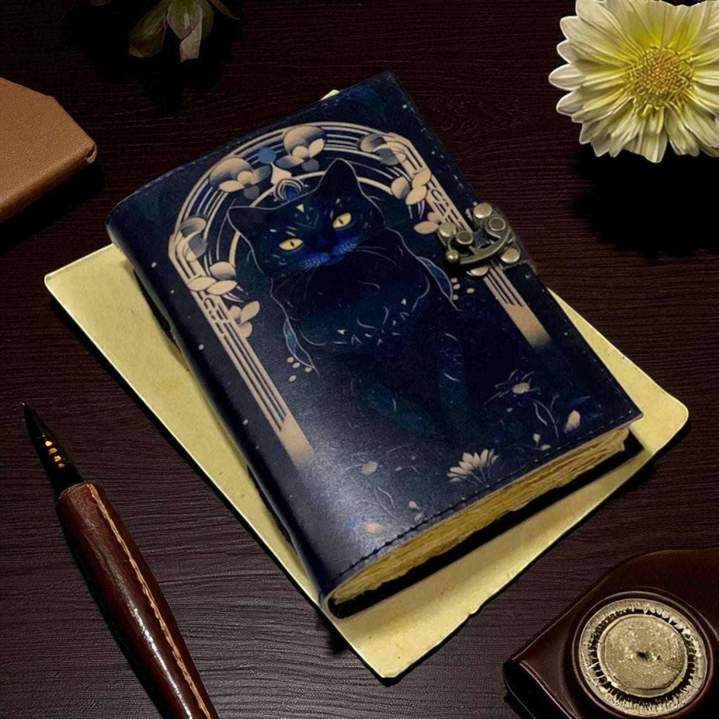 Vintage Leather Journal with Antique Deckle Paper – Handmade Wiccan Notebook with Lock