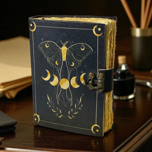 Luna Moth Leather Grimoire Journal – Handmade Spell Book with Vintage or Colorful Paper
