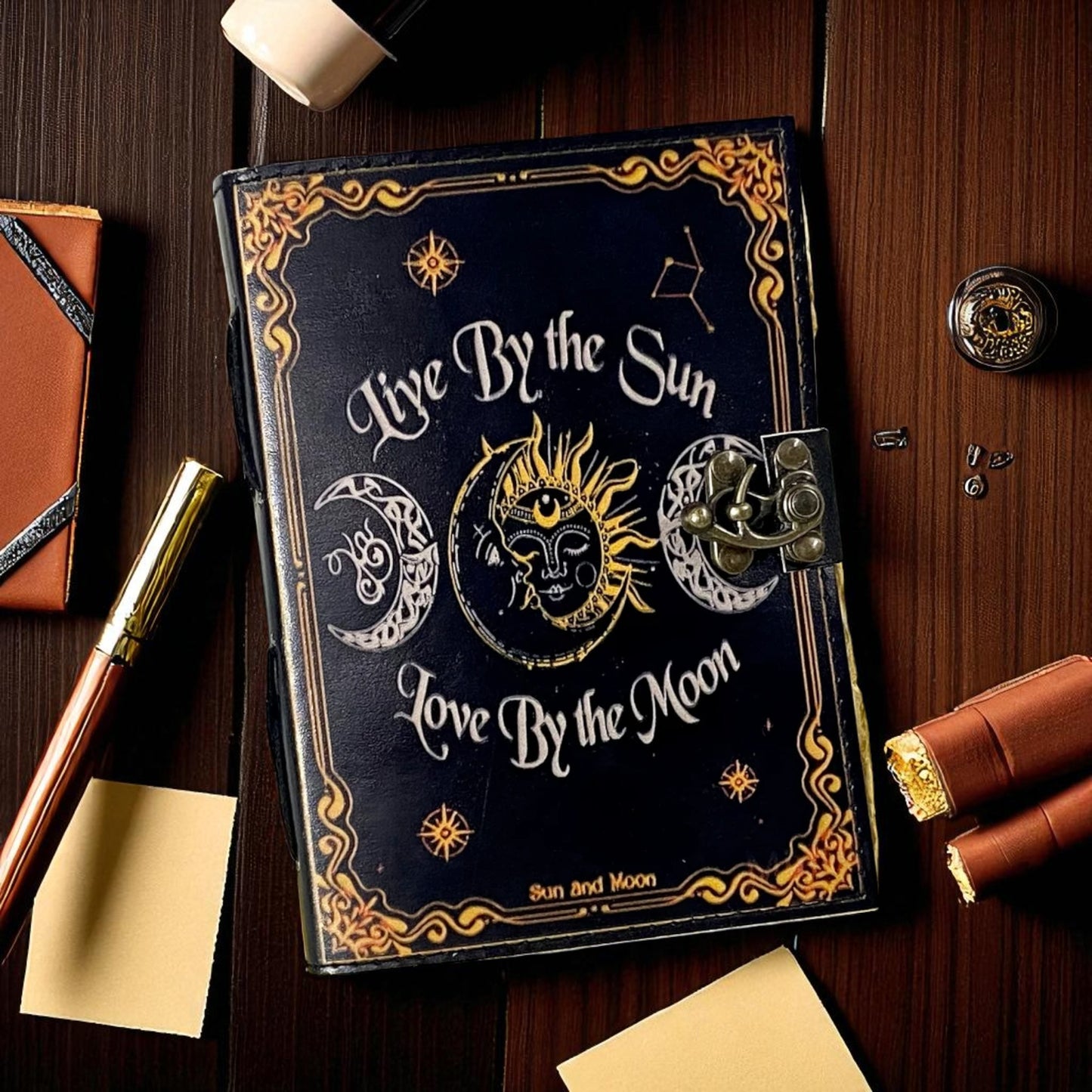 Sun & Moon Leather Journal – Handmade Vintage Sketchbook with Deckle Paper & Brass Lock