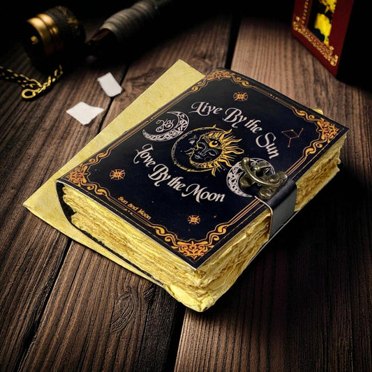 Sun & Moon Leather Journal – Handmade Vintage Sketchbook with Deckle Paper & Brass Lock