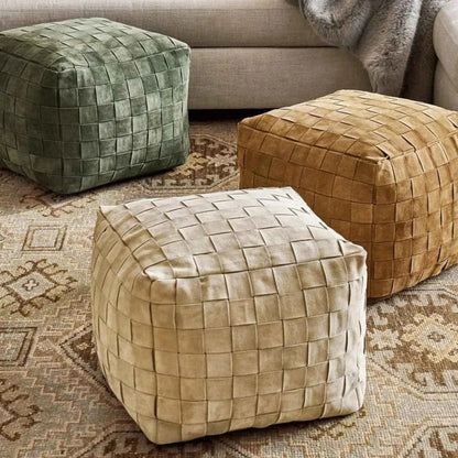 Handcrafted Suede & Leather Pouf – Stylish Ottoman Pouf