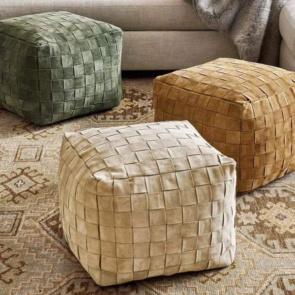 Suede Pouf/Leather Pouf /pouf handcrafted/Ottoman pouf - Hana Exports
