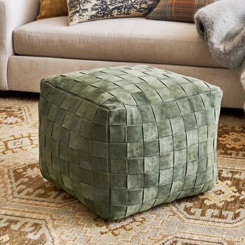 Suede Pouf/Leather Pouf /pouf handcrafted/Ottoman pouf - Hana Exports