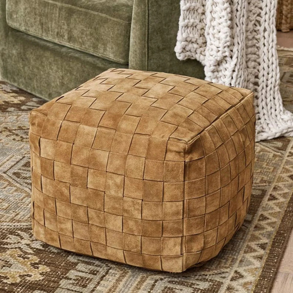 Suede Pouf/Leather Pouf /pouf handcrafted/Ottoman pouf - Hana Exports
