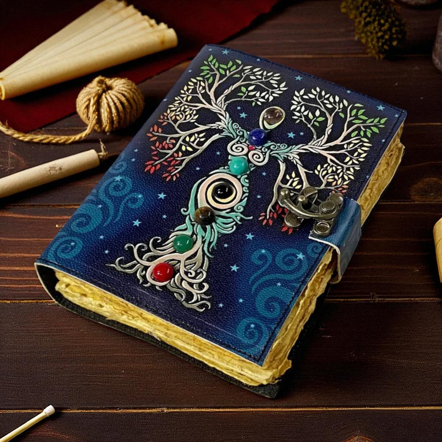 Mother of Earth Leather Grimoire Journal – Handmade Spell Book with Handmade Pages
