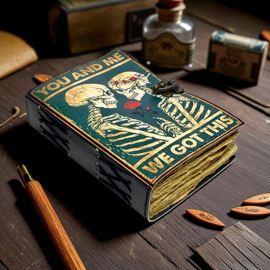The Lovers Skull Leather Grimoire – Handmade Journal with Deckle Edge Paper & Clasp Lock
