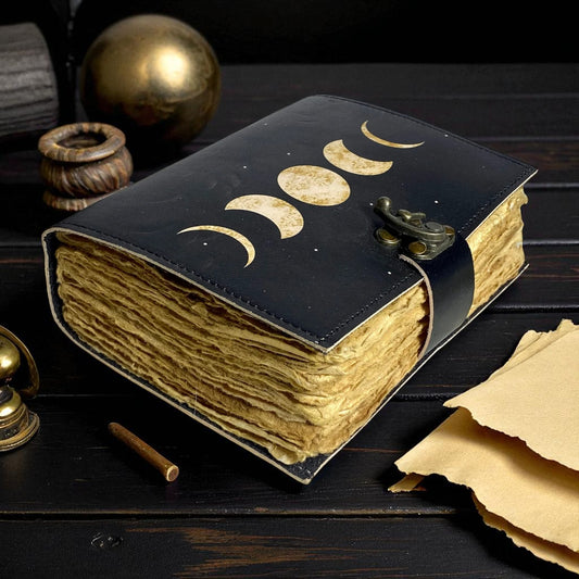 Sun & Moon Leather Journal – Vintage Grimoire with Deckle Paper | Wiccan Sketchbook Gift