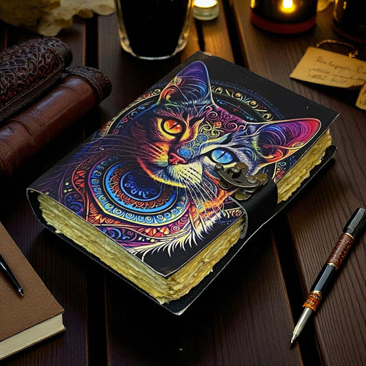 Celtic Cat Leather Journal – Handmade Grimoire Book of Shadows with Deckle Edge Paper