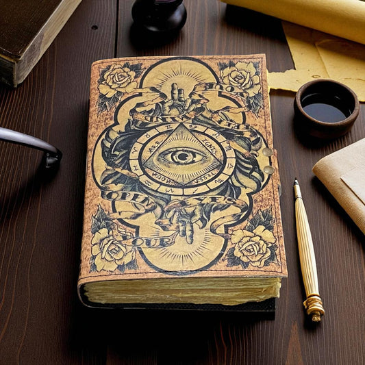 Book of Spells Leather Journal – Evil Eye Grimoire with Vintage Deckle Paper | Gothic Witch Notebook