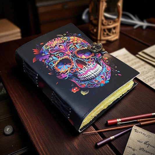 Skull Printed Leather Journal – Vintage Handmade Grimoire with Deckle Paper & Clasp Lock