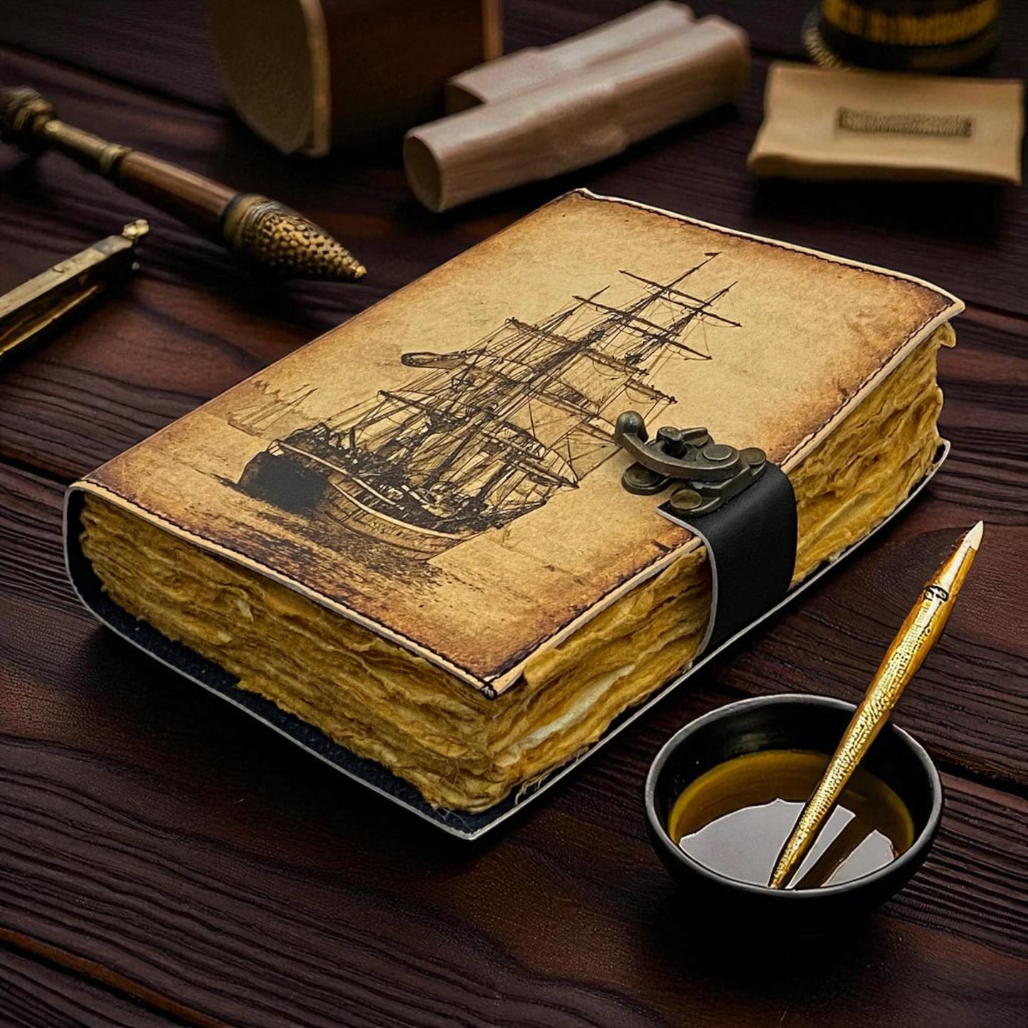Sailing Ship Leather Journal – Handmade Travel Notebook with Deckle Paper & Brass Lock