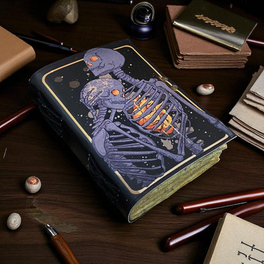 The Lovers Tarot Leather Journal – Gothic Skull Grimoire Book with Deckle Edge Paper | Handmade Gift