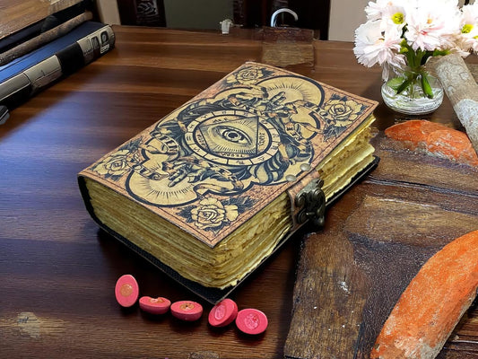 Evil Eye Grimoire Leather Journal | Handmade Book of Spells with Deckle Paper – Gothic Notebook