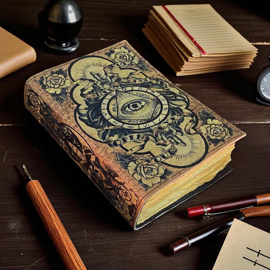 Book of Spells Leather Journal – Evil Eye Grimoire with Vintage Deckle Paper | Gothic Witch Notebook