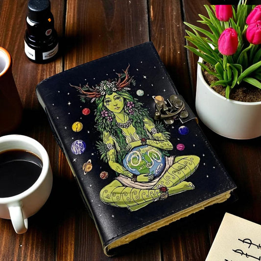 Mother Earth Leather Journal – Handmade Chakra Healing Book of Shadows with Antique Paper