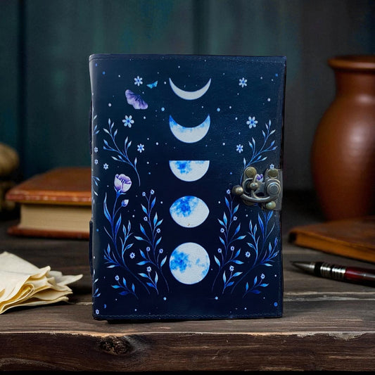 Personalized Moon Phase Leather Journal – 200 Pages Handmade Vintage Paper Diary with C-Lock