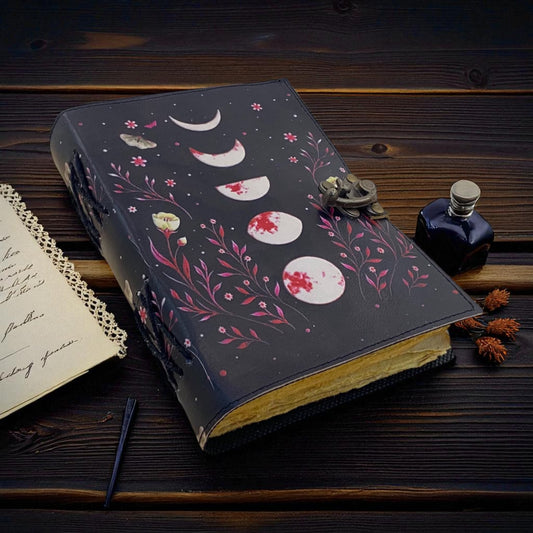 Personalized Moon Phase Leather Journal – 200 Page Vintage Deckle Paper Diary with C-Lock