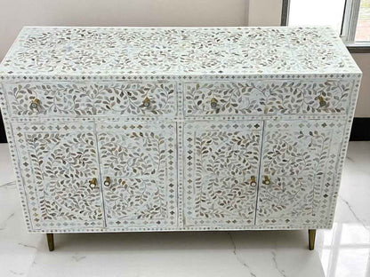 Mother of Pearl Inlay Buffet White, MOP Sideboard Dresser, Mother of Pearl Inlay Furniture
