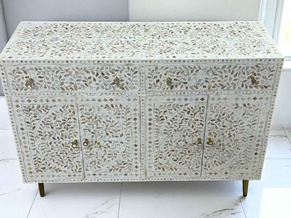 Mother of Pearl Inlay Buffet White, MOP Sideboard Dresser, Mother of Pearl Inlay Furniture