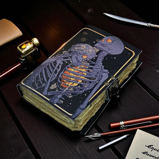 The Lovers Tarot Leather Journal – Gothic Skull Grimoire Book with Deckle Edge Paper | Handmade Gift
