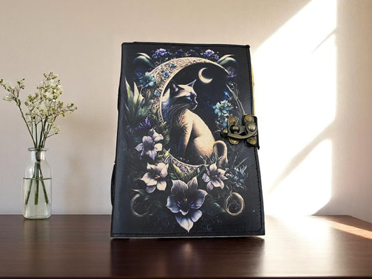Magic Cat Leather Journal – Handmade Vintage Notebook with Deckle Paper & C-Lock