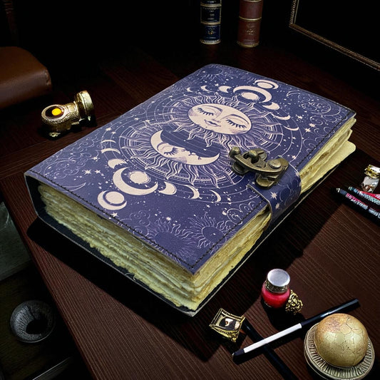 Moon Phase Leather Grimoire Journal – Handmade Spellbook with Deckle Paper & Brass Lock