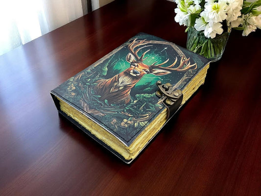 Vintage Deer Leather Journal | Handmade Grimoire Book with Deckle Edge Paper & Brass Lock