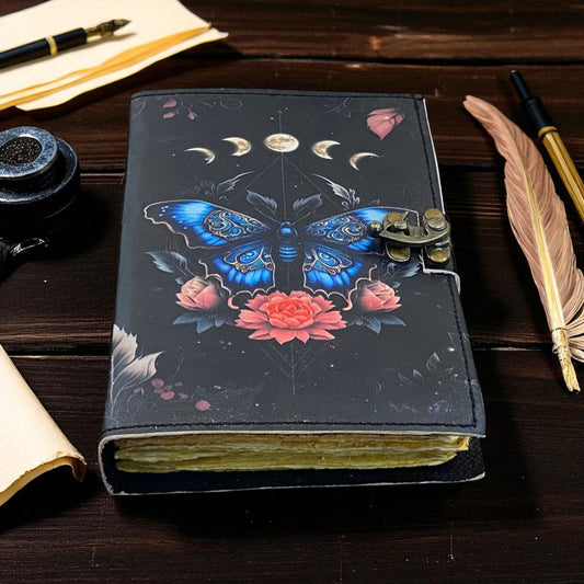 Luna Moth Leather Spell Book – Handmade Witchcraft Journal with Vintage Deckle Paper & Lock