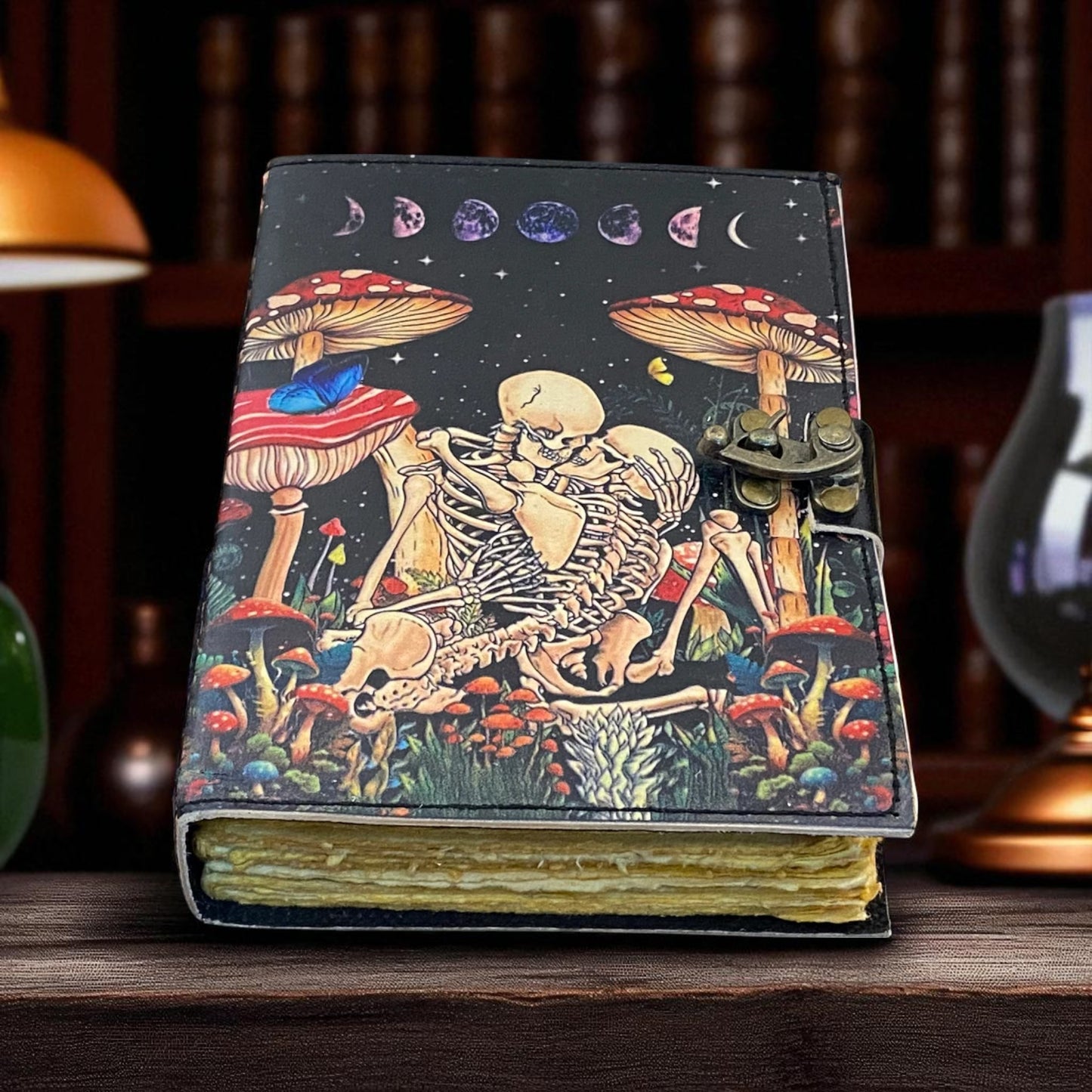 Skull Mushroom Leather Journal – Handmade Vintage Spell Book & Sketchbook with Deckle Paper