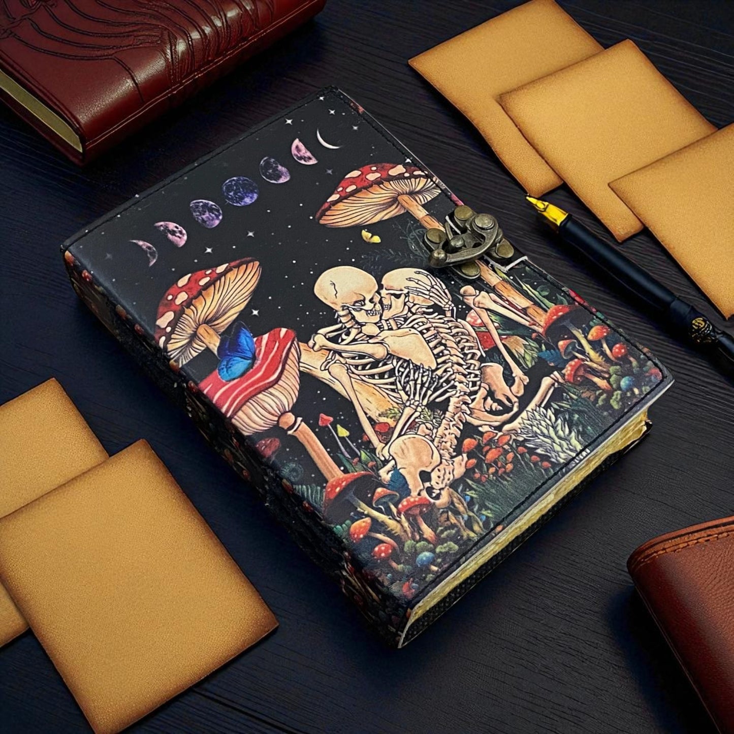 Skull Mushroom Leather Journal – Handmade Vintage Spell Book & Sketchbook with Deckle Paper