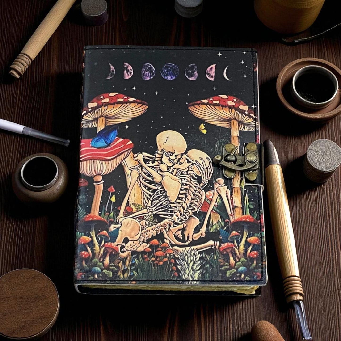 Skull Mushroom Leather Journal – Handmade Vintage Spell Book & Sketchbook with Deckle Paper