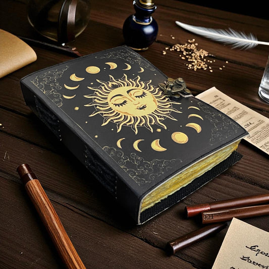 Moon Phase Leather Grimoire Journal – Handmade Spellbook with Deckle Paper & Brass C-Lock (Copy)